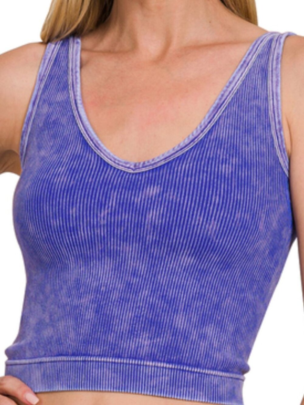 2-Way Neckline Washed Ribbed Seamless Tank Top in Bright Blue
